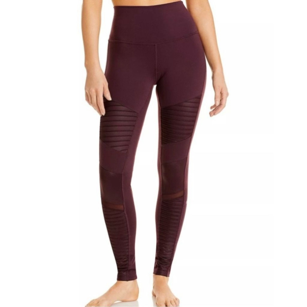Alo Yoga Moto Leggings Size XS Maroon/Burgundy Colour High Rise Workout Mesh